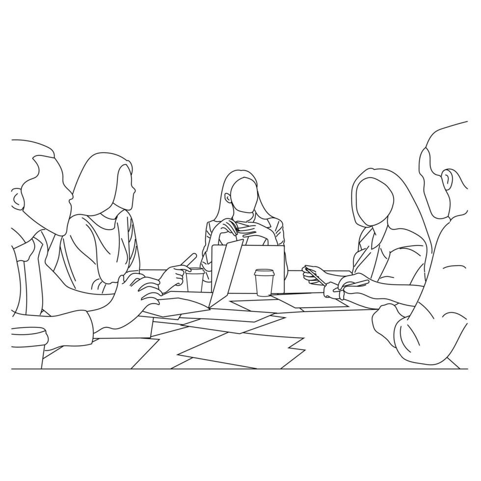 Vector business meeting discussion between worker in cafe round table cartoon Line art. Business training and presentation concept. continuous line drawing of office workers at business meeting