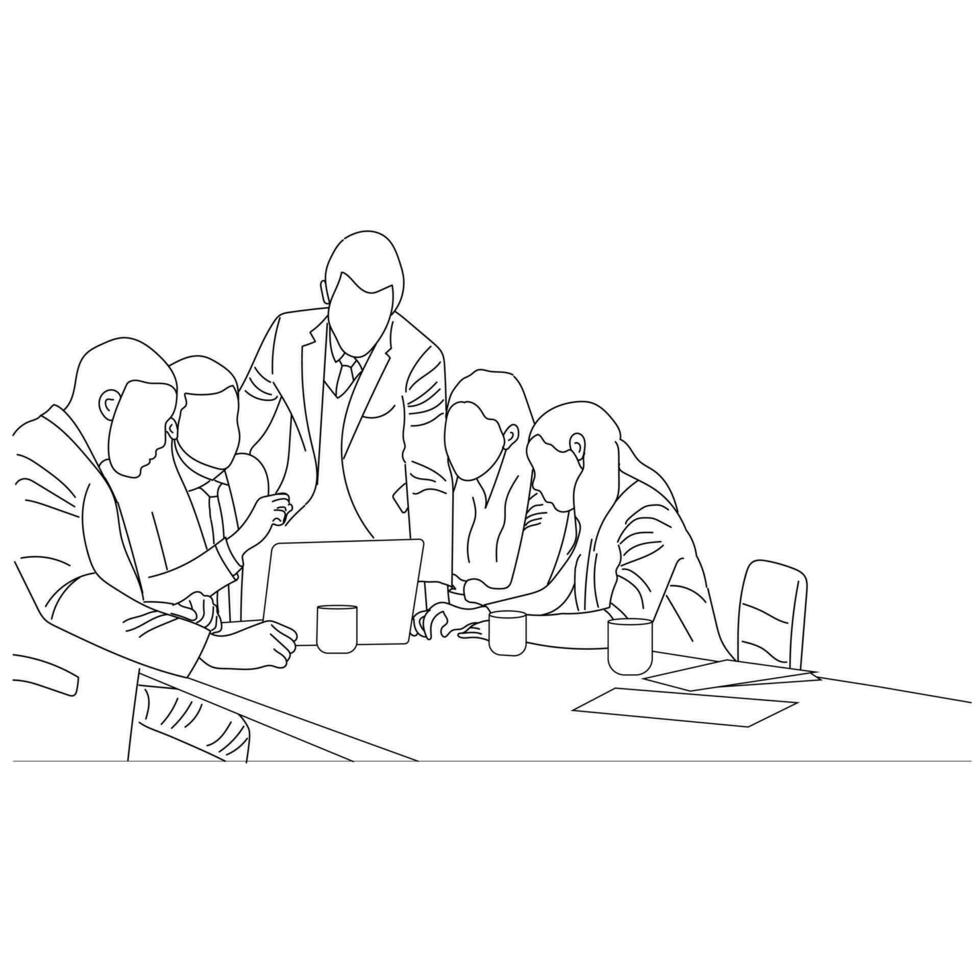Vector business meeting discussion between worker in cafe round table cartoon Line art. Business training and presentation concept. continuous line drawing of office workers at business meeting