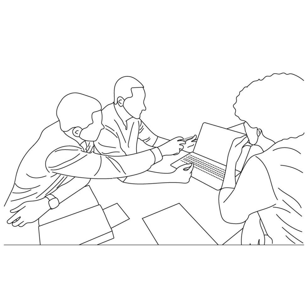Vector business meeting discussion between worker in cafe round table cartoon Line art. Business training and presentation concept. continuous line drawing of office workers at business meeting