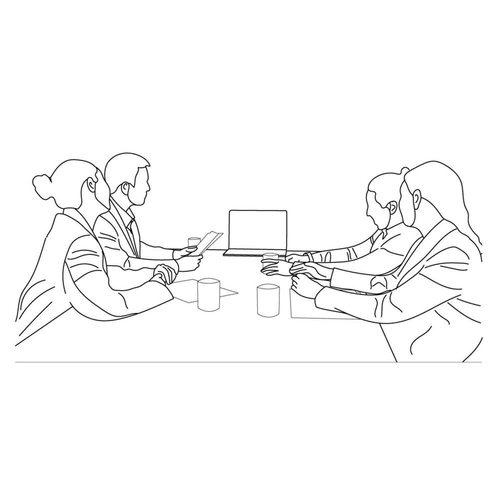 Vector business meeting discussion between worker in cafe round table cartoon Line art. Business training and presentation concept. continuous line drawing of office workers at business meeting