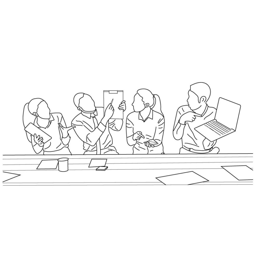 Vector business meeting discussion between worker in cafe round table cartoon Line art. Business training and presentation concept. continuous line drawing of office workers at business meeting