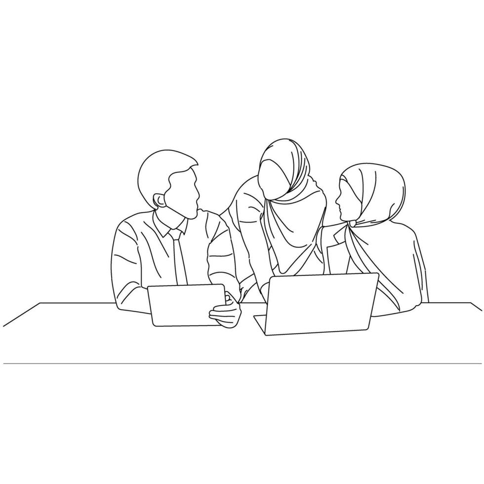 Vector business meeting discussion between worker in cafe round table cartoon Line art. Business training and presentation concept. continuous line drawing of office workers at business meeting
