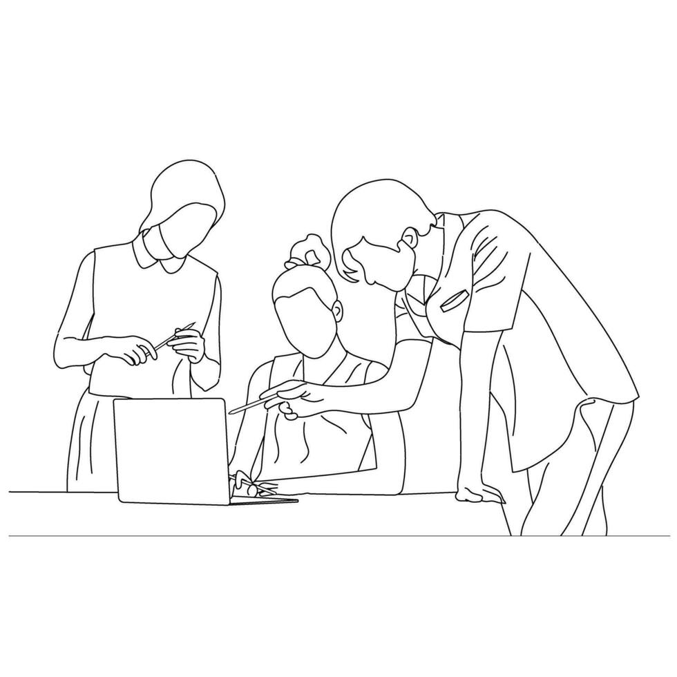 Vector business meeting discussion between worker in cafe round table cartoon Line art. Business training and presentation concept. continuous line drawing of office workers at business meeting