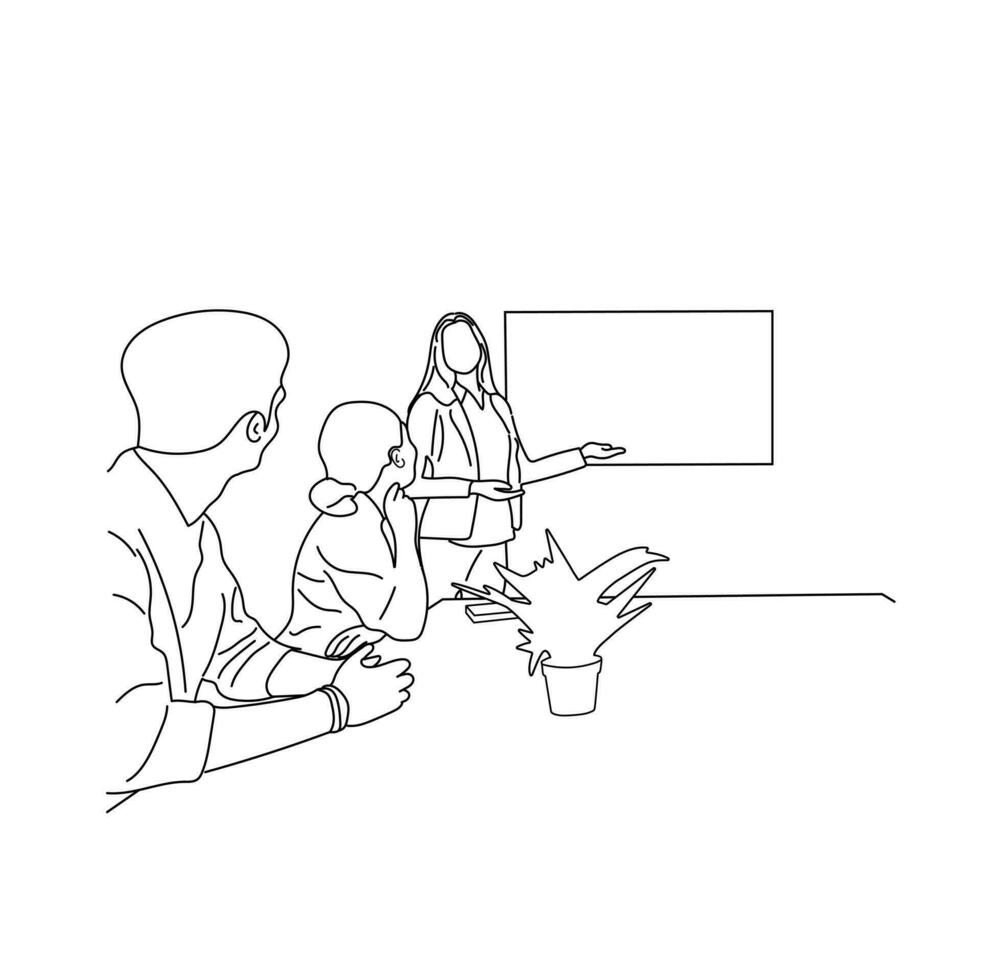 Vector business meeting discussion between worker in cafe round table cartoon Line art. Business training and presentation concept. continuous line drawing of office workers at business meeting