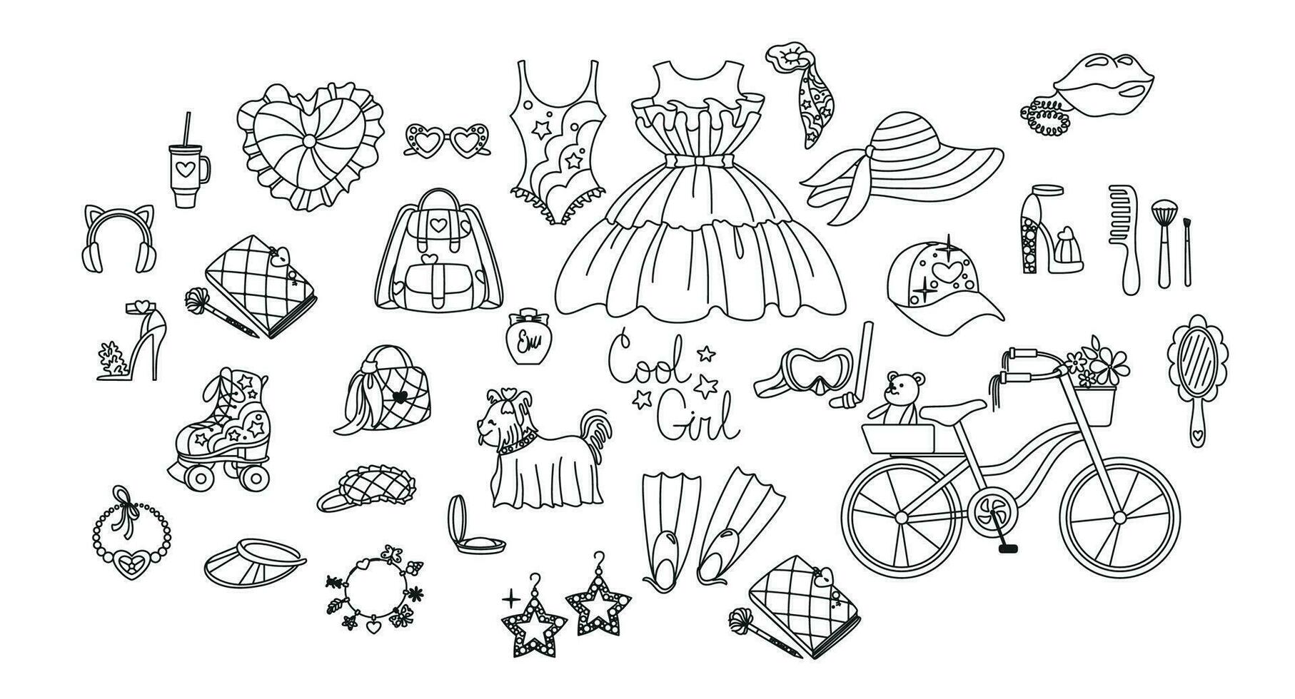 accesorios de un de moda niña y hermosa estilo de vida. conjunto de iconos monocromo. vector