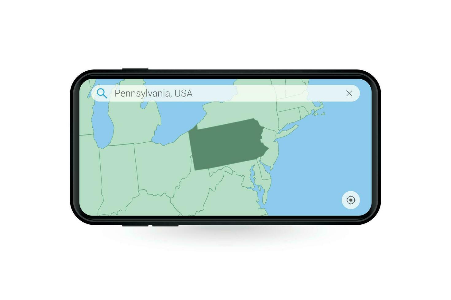 Searching map of Pennsylvania in Smartphone map application. Map of Pennsylvania in Cell Phone. vector