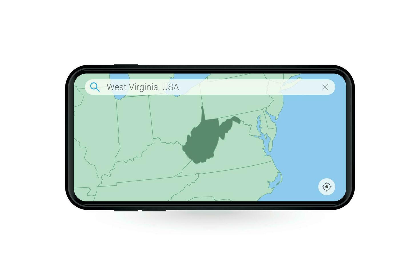Searching map of West Virginia in Smartphone map application. Map of West Virginia in Cell Phone. vector