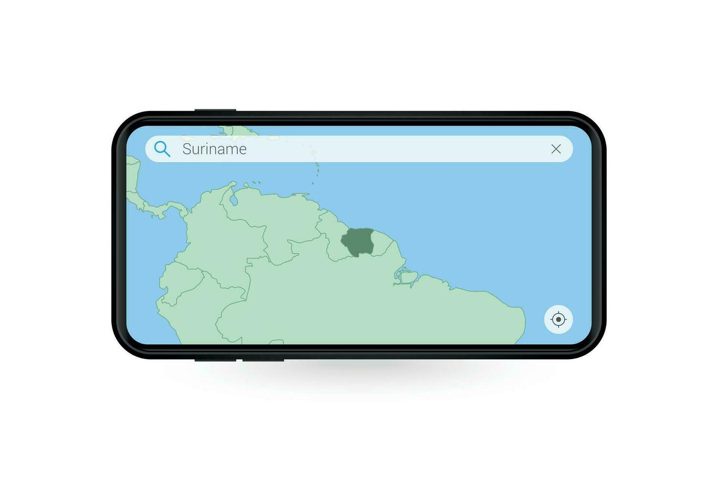 buscando mapa de Surinam en teléfono inteligente mapa solicitud. mapa de Surinam en célula teléfono. vector