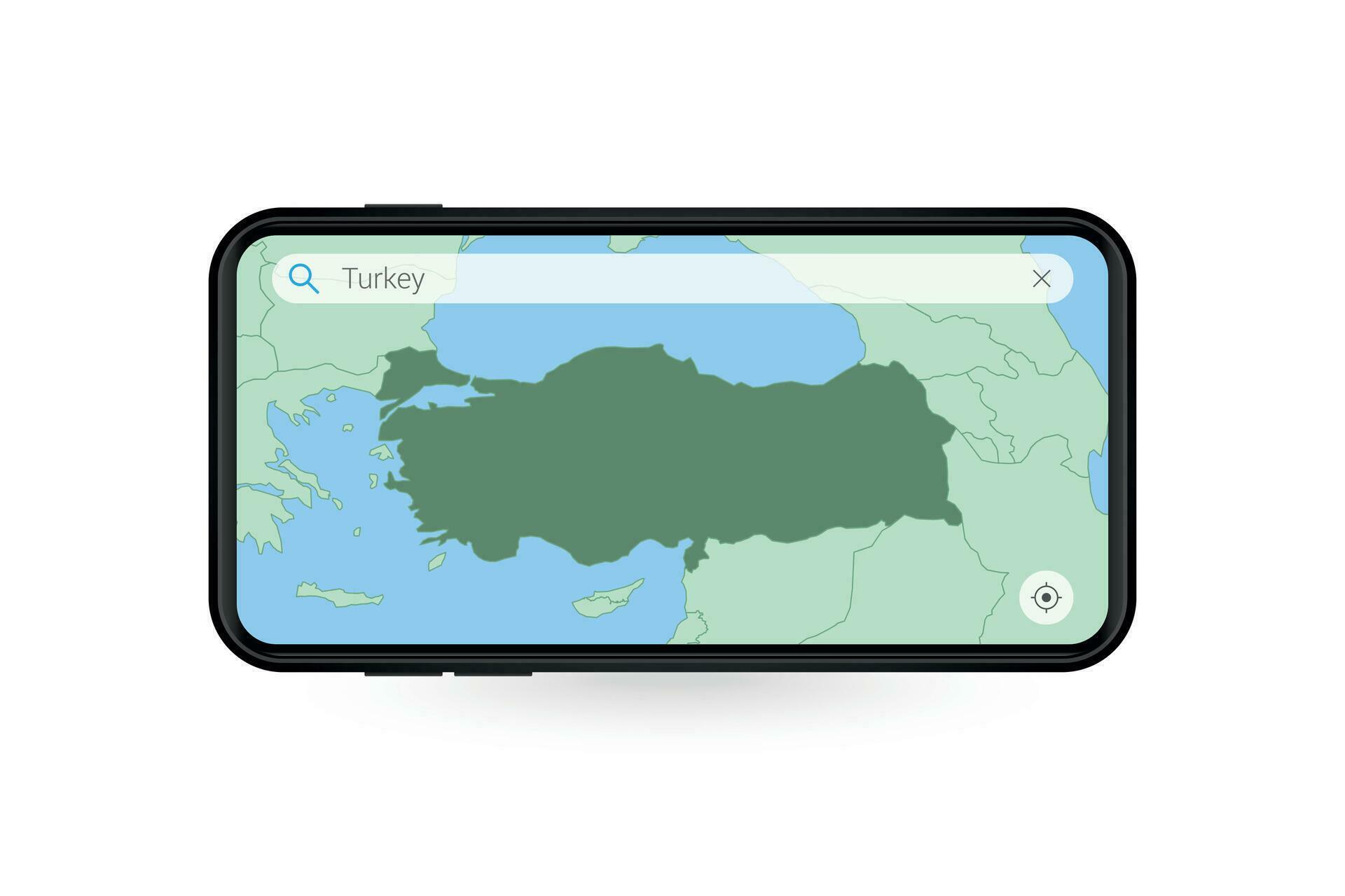 Searching map of Turkey in Smartphone map application. Map of Turkey in