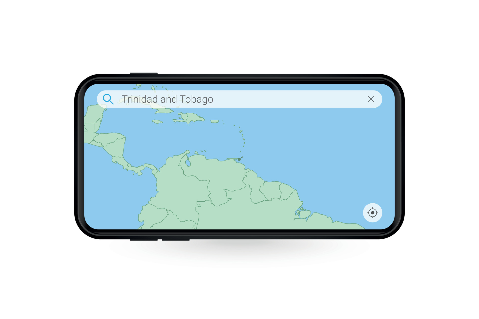 Searching map of Trinidad and Tobago in Smartphone map application. Map