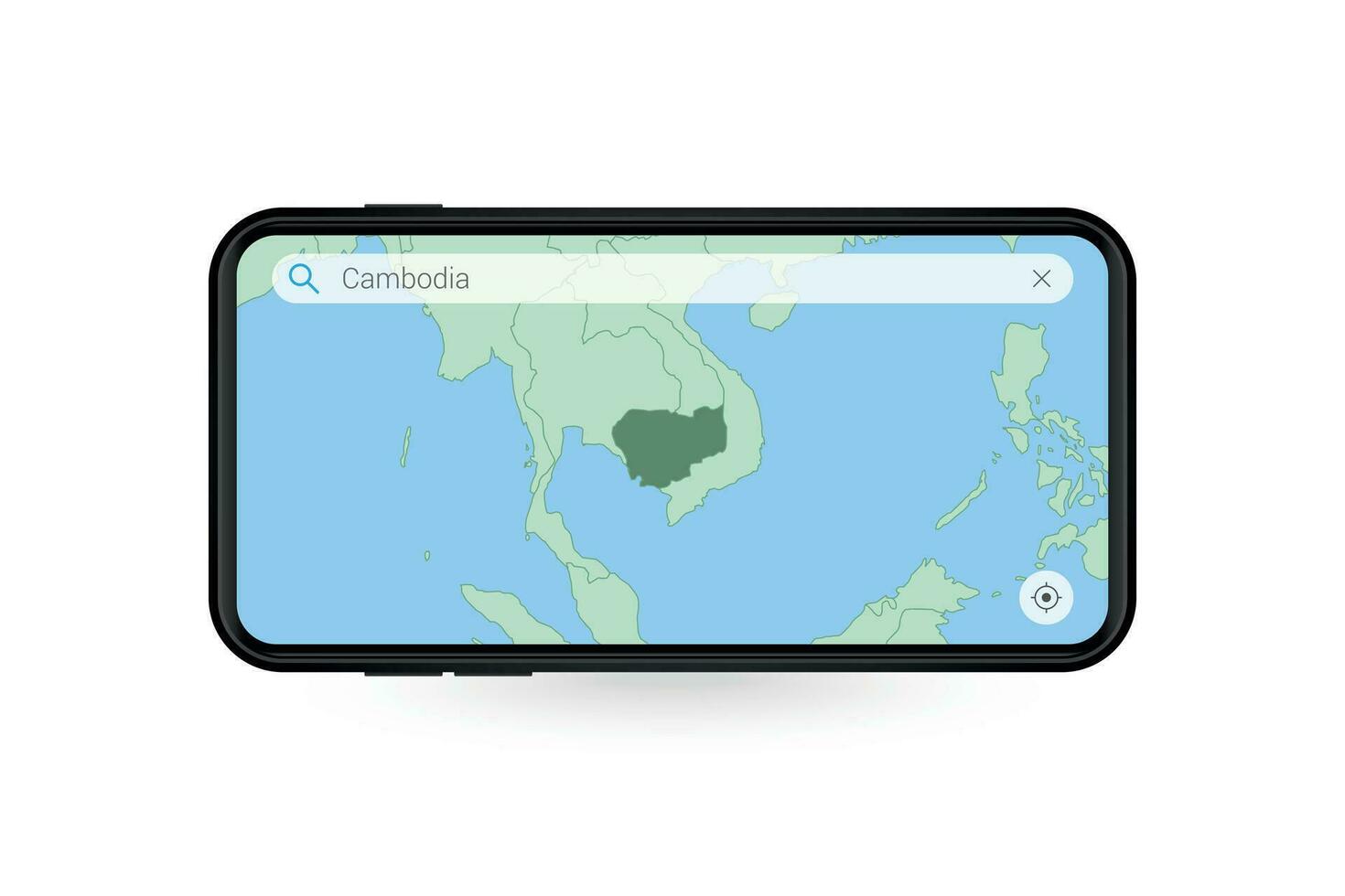 Searching map of Cambodia in Smartphone map application. Map of Cambodia in Cell Phone. vector