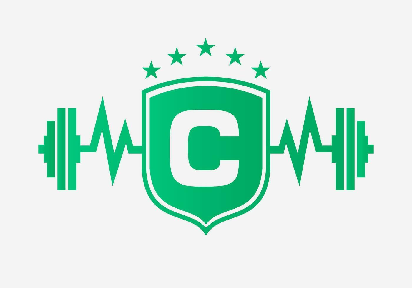 Letter C Gym Fitness Logo Design Concept With Barbell Shield and Start Icon. Bodybuild Gym Symbol vector