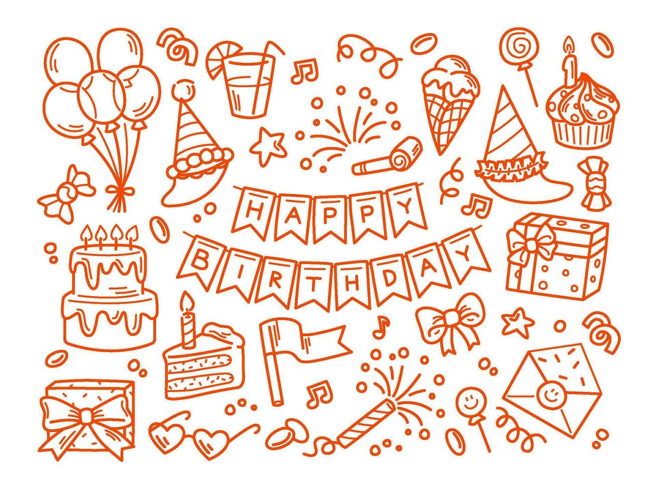 Set of Happy Birthday doodles, vector illustration isolated.
