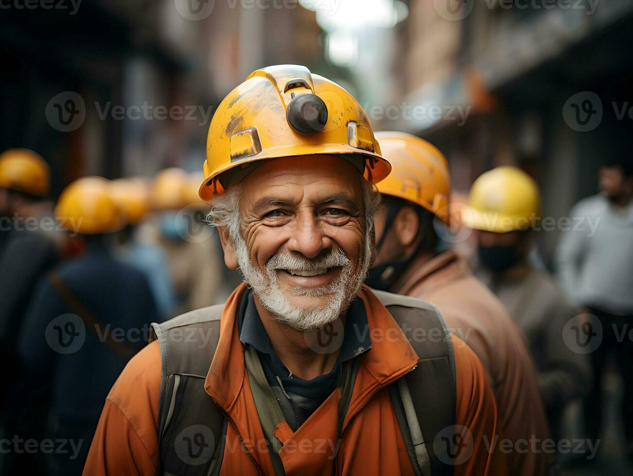 Smiling Pakistan elder worker. Concept of safety measures, skilled labour and workforce. photo
