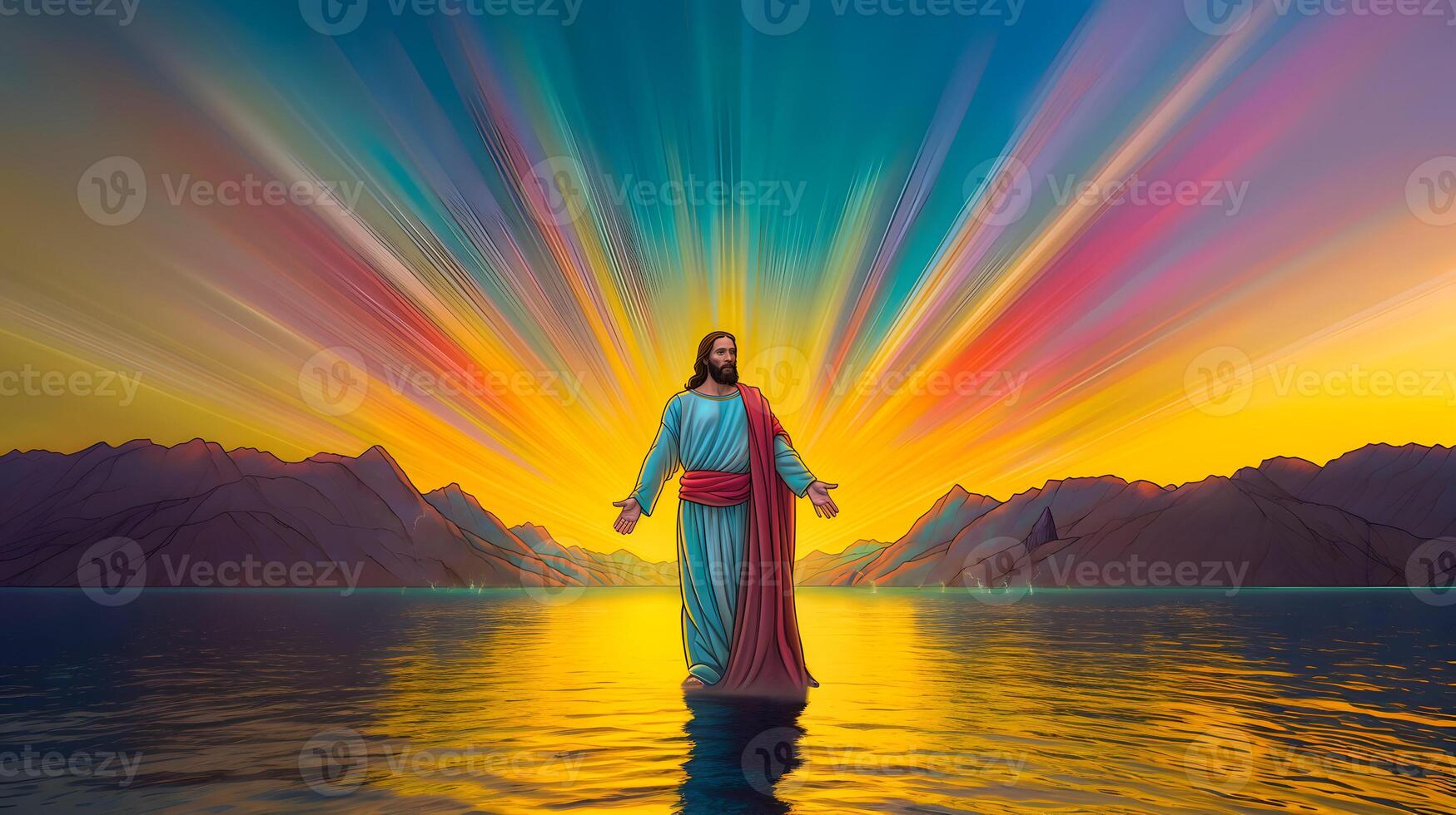 Jesus Christ walking on water at the sea. with colors of rainbow. photo