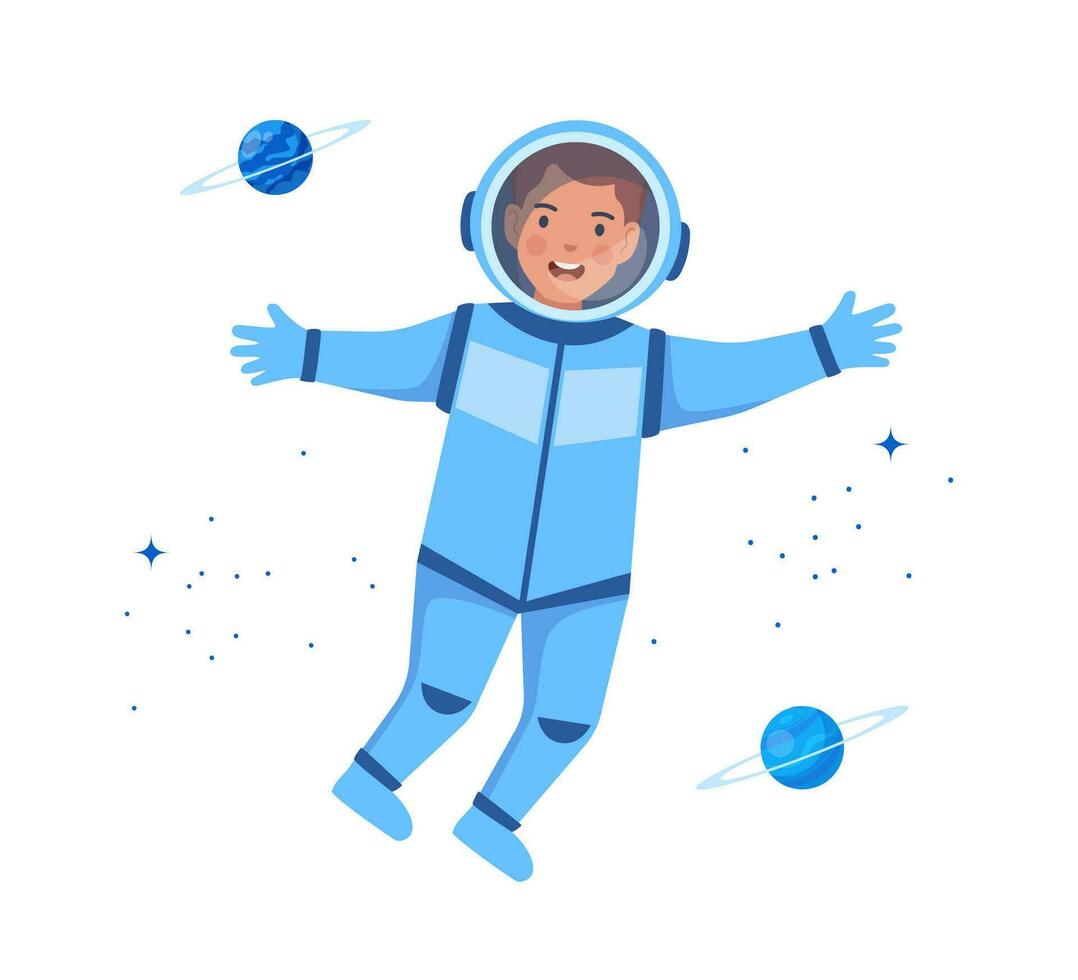 astronauta dibujos animados personaje en exterior espacio traje. astronauta niño. dibujos animados chico vistiendo astronauta traje. vector ilustración.