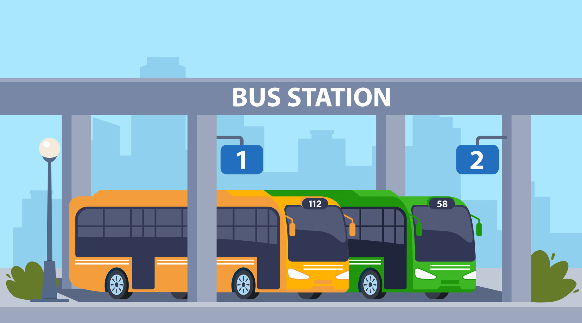 Central bus station. Vector cartoon cityscape with modern city  transportation building, buses and platform. Vector illustration. 27288636  Vector Art at Vecteezy