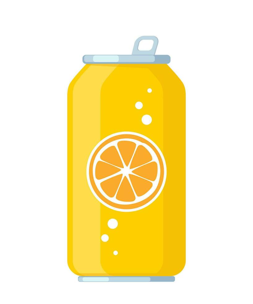 Soft orange or lemon drink can. Soda drink aluminum can. Vector illustration.
