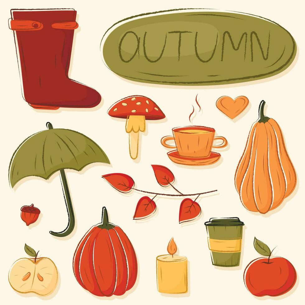 Collection of isolated autumn doodle elements in warm cozy colors. vector