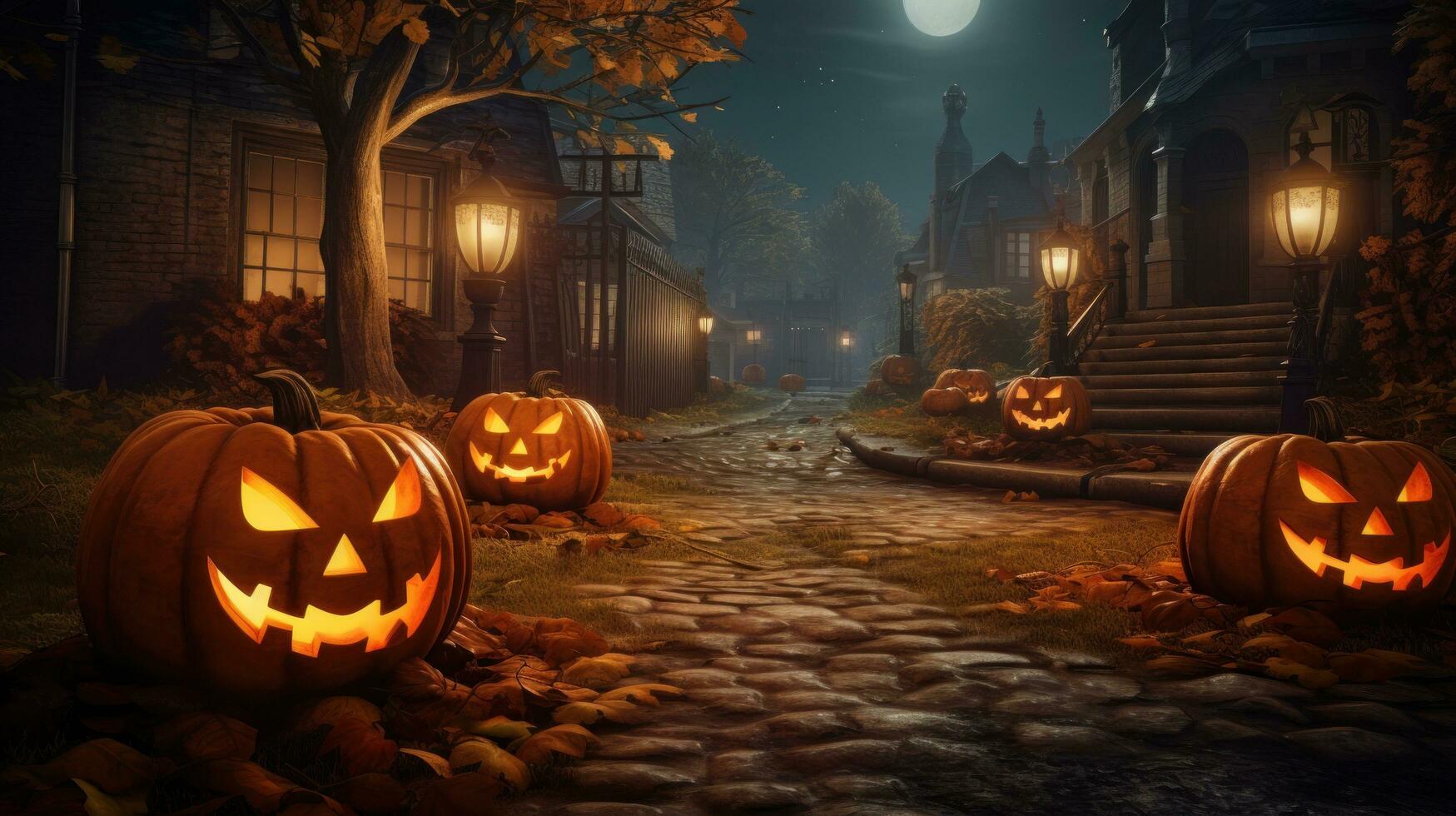 Halloween haunted streets with three pumpkins, photo