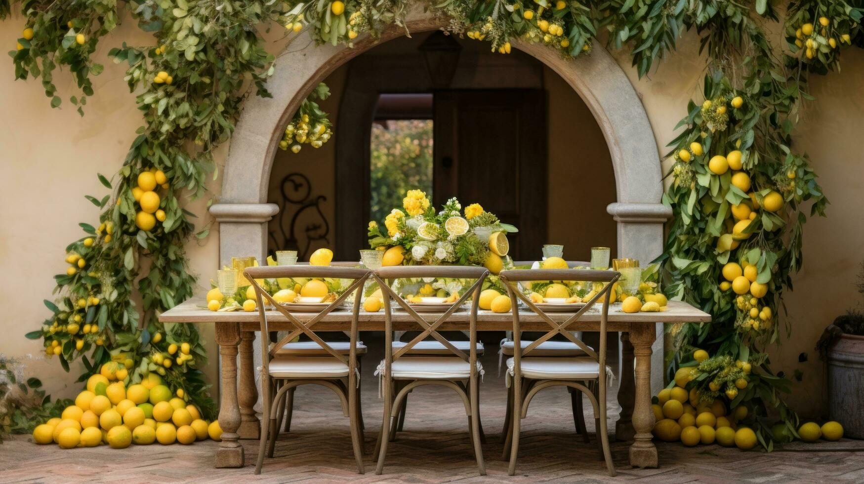 Table settings with lemons and greenery in the outdoor dining area photo