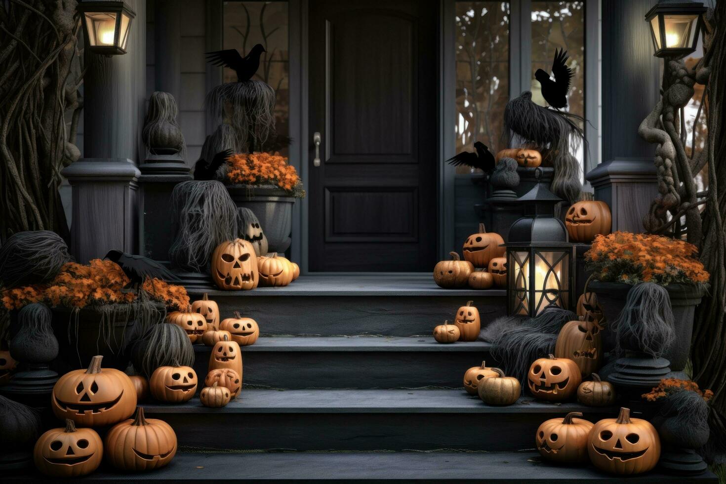 Halloween decorations on the porch with pumpkins photo