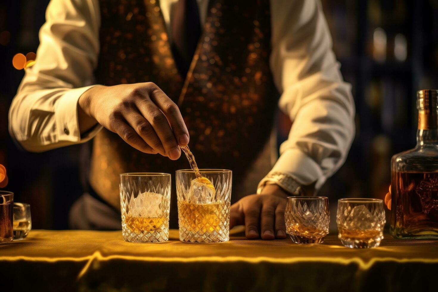 A bartender pouring an Irish whiskey, in the style of bokeh photo