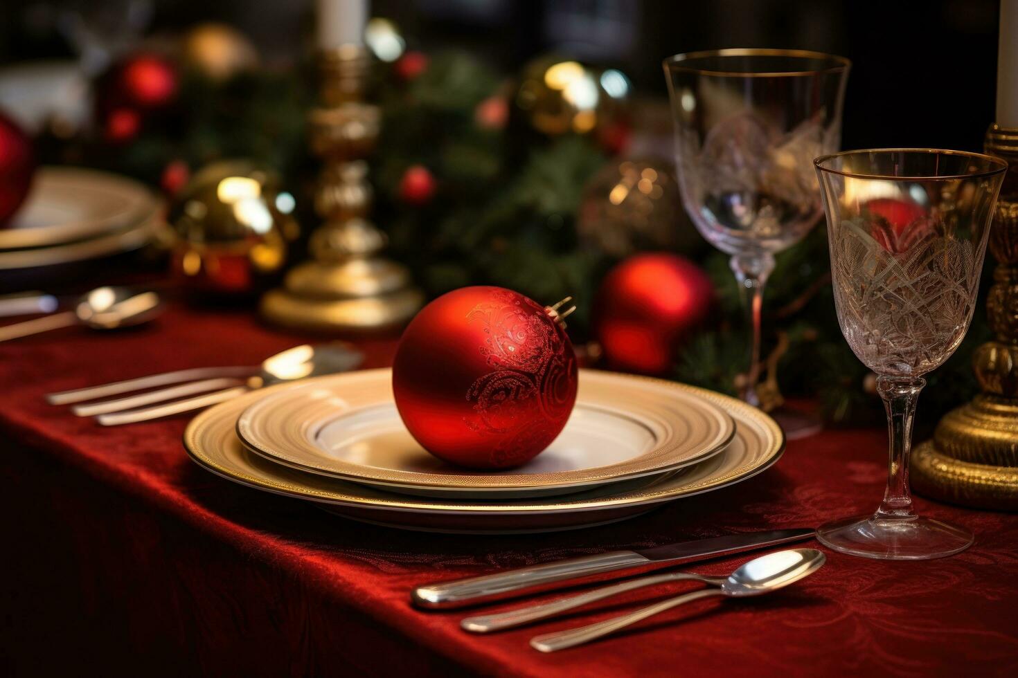 Christmas dinner table decoration photo