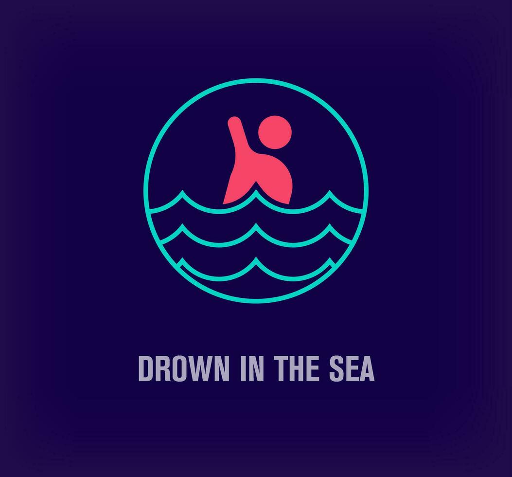 Creative sea and drowning human round logo. Unique color transitions. Rescue, danger and security logo template. vector