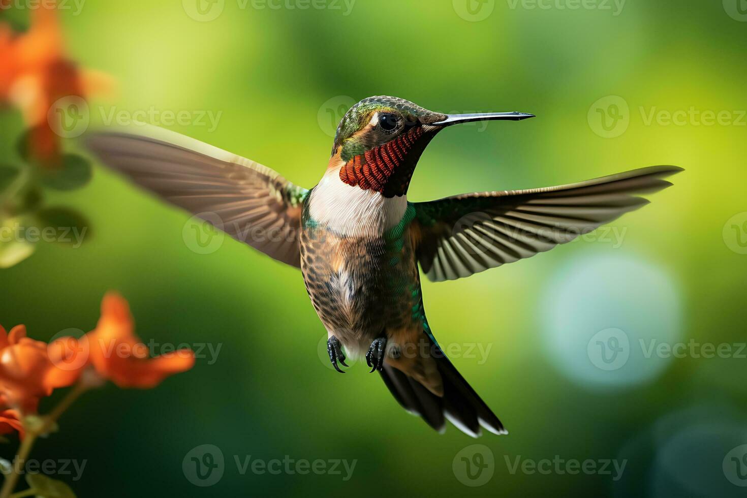 hummingbird flying and spread their tails over vibrant flowers. AI Generated photo