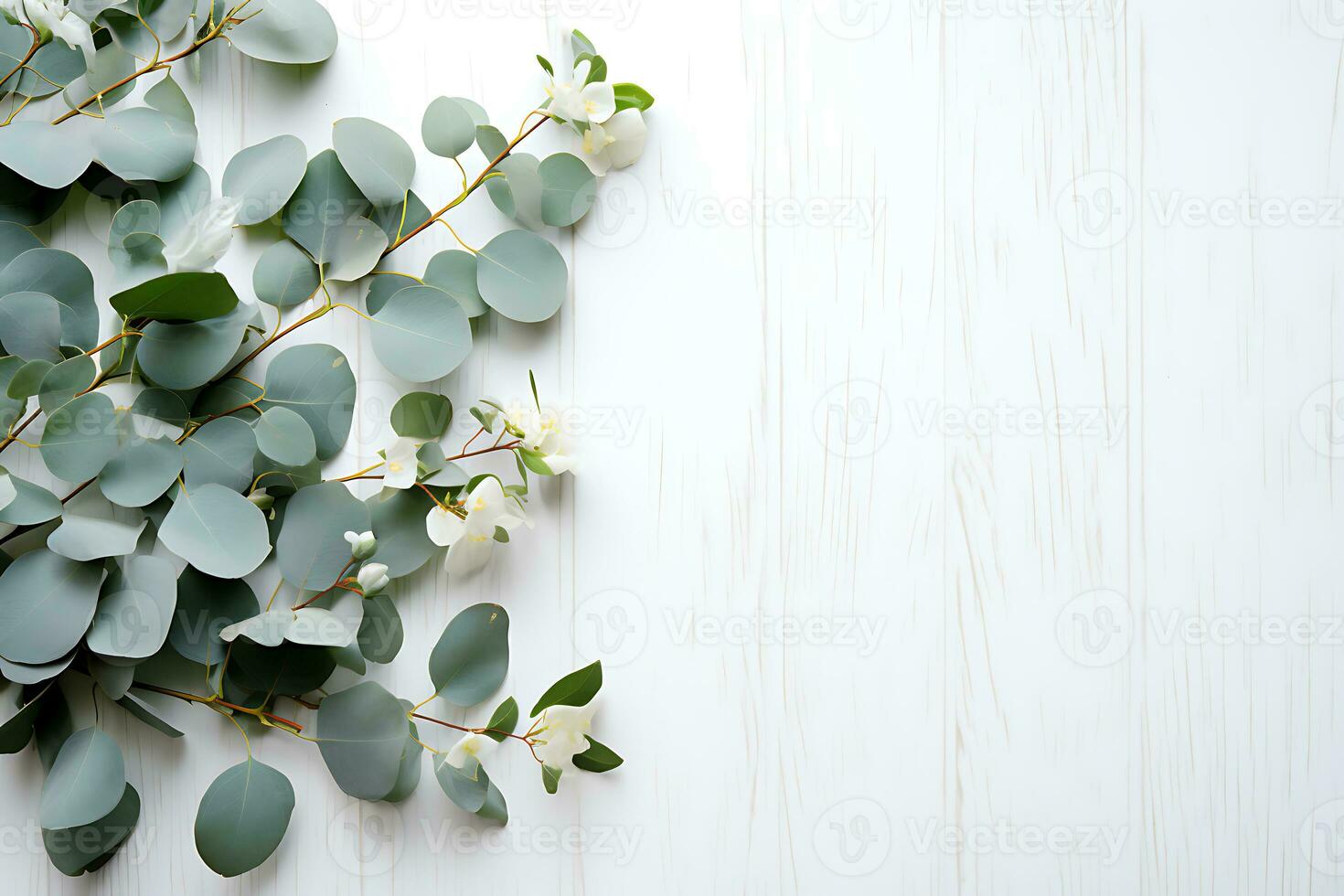 Eucalyptus branch with modern vase in mediterranean white surrounding. AI Generated photo