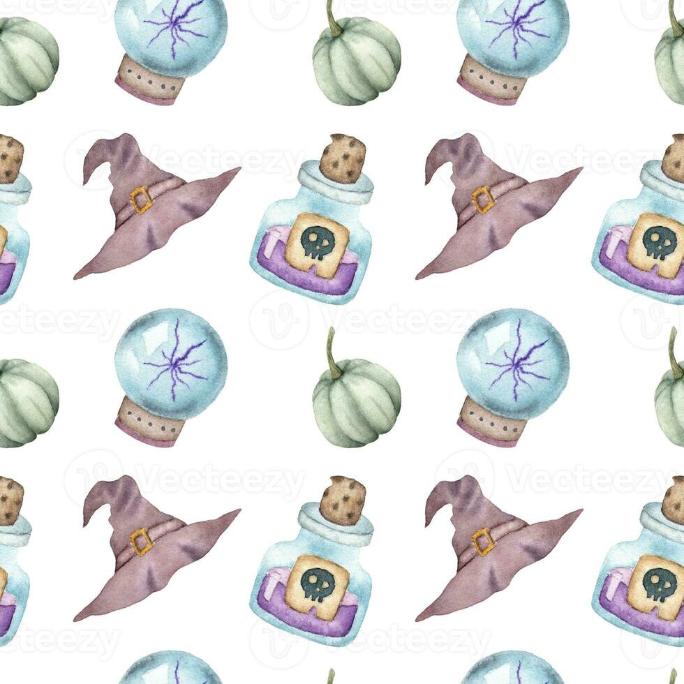 Seamless watercolor Halloween pattern. Witchy pattern. Seamless pattern with witch hat, poison, magic sphere and pumpkin. photo
