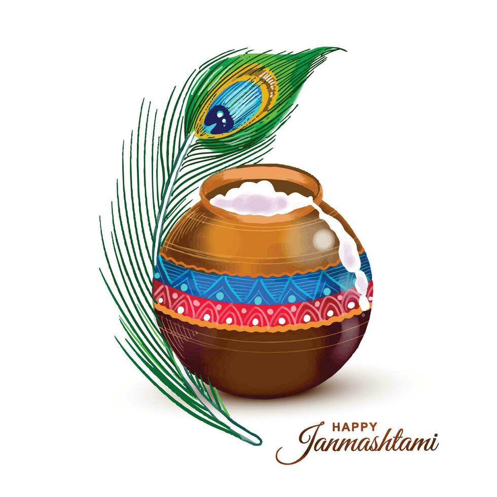 Happy janmashtami background with matki and makhan card design vector