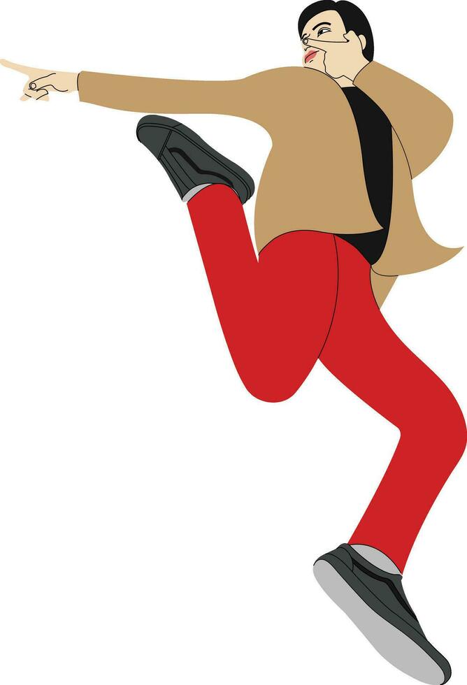 Illustration of a man jumps while pointing his hand towards the left side. vector