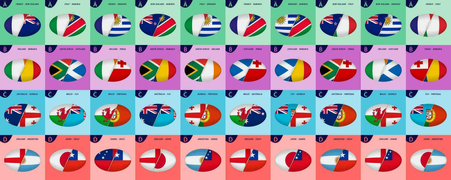 Collection of Rugby icons for international competition 2023, all games versus icon of group stage in shape of rugby ball. vector