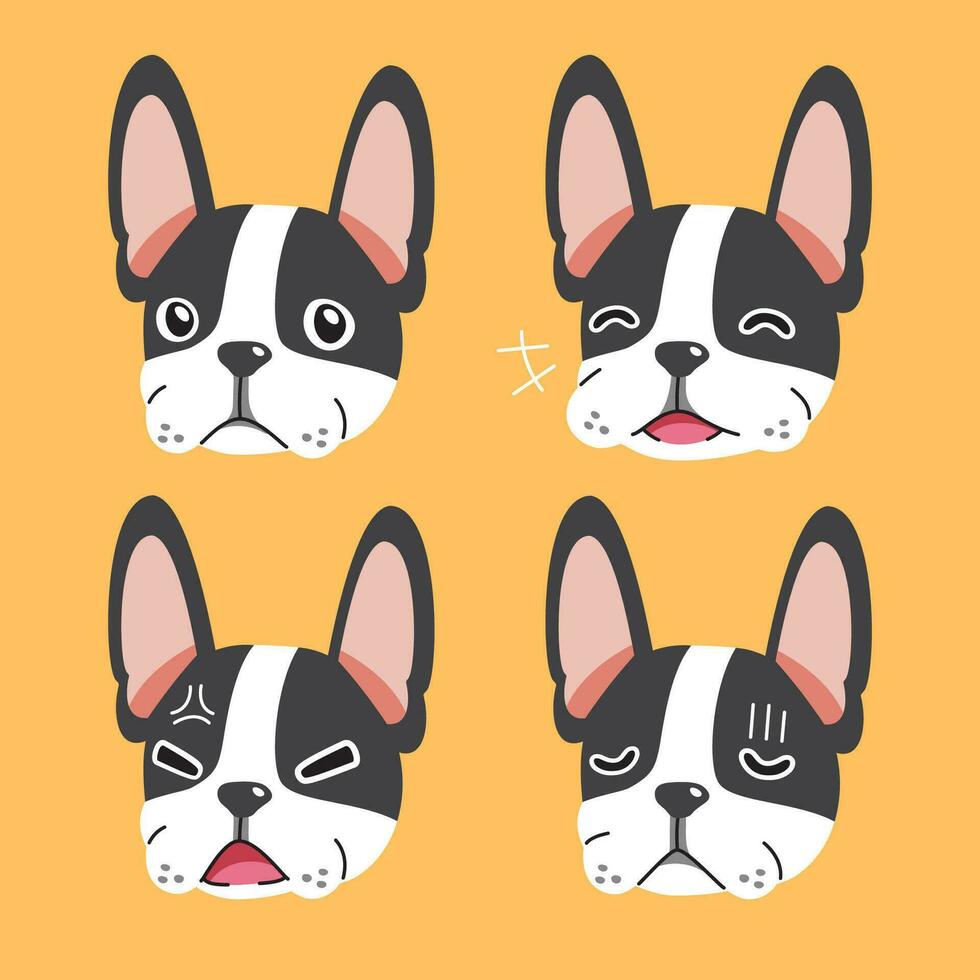 Set of cartoon character boston terrier dog faces showing different emotions vector