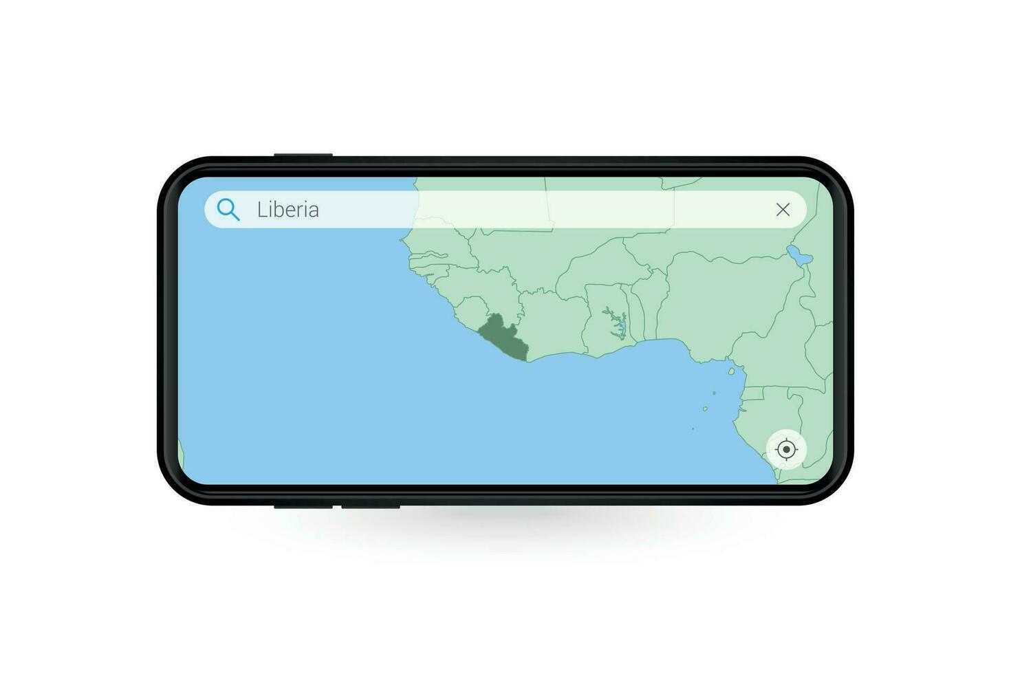 Searching map of Liberia in Smartphone map application. Map of Liberia