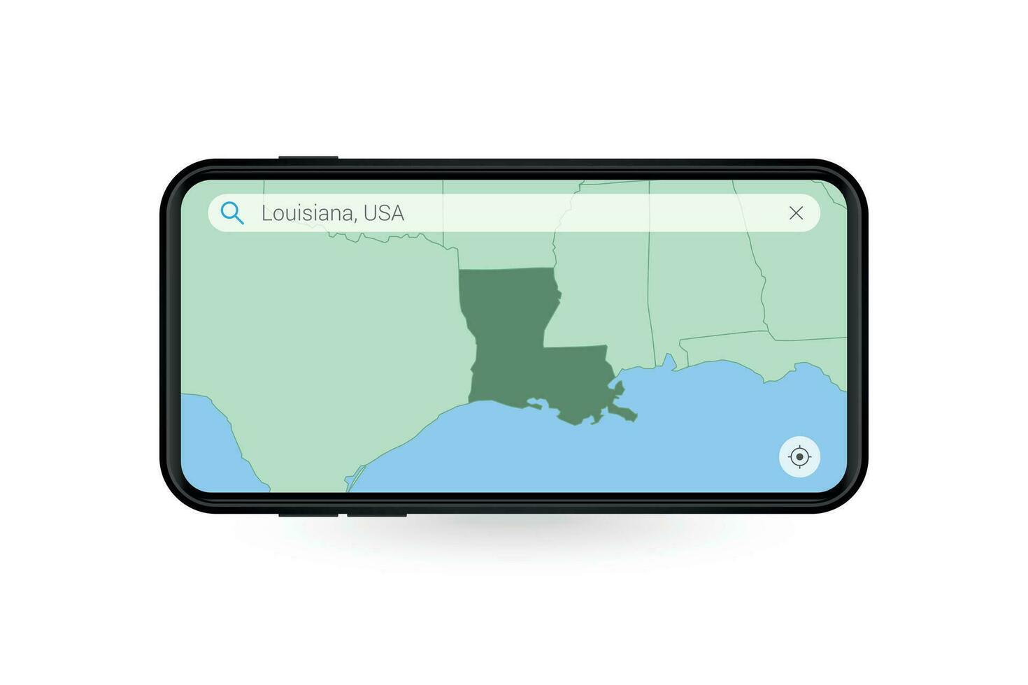 buscando mapa de Luisiana en teléfono inteligente mapa solicitud. mapa de Luisiana en célula teléfono. vector