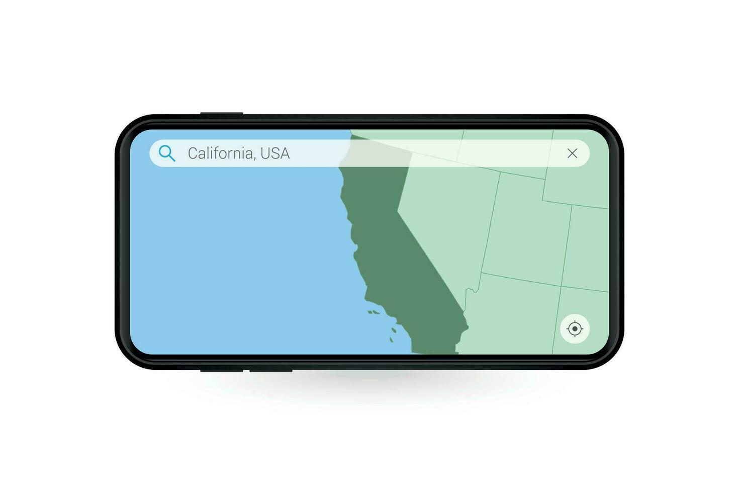Searching map of California in Smartphone map application. Map of California in Cell Phone. vector