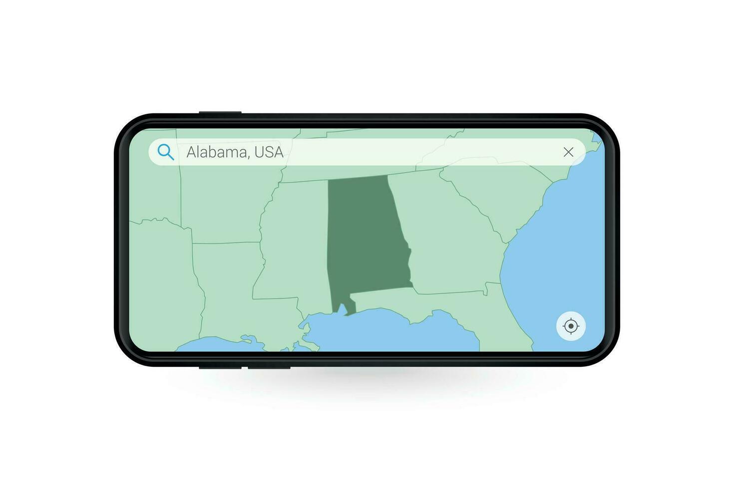 buscando mapa de Alabama en teléfono inteligente mapa solicitud. mapa de Alabama en célula teléfono. vector