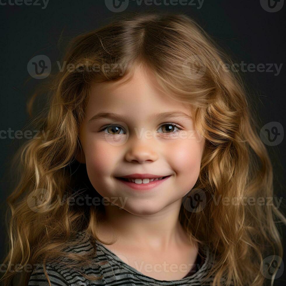 a little girl with long curly hair smiling at the camera generative ai photo