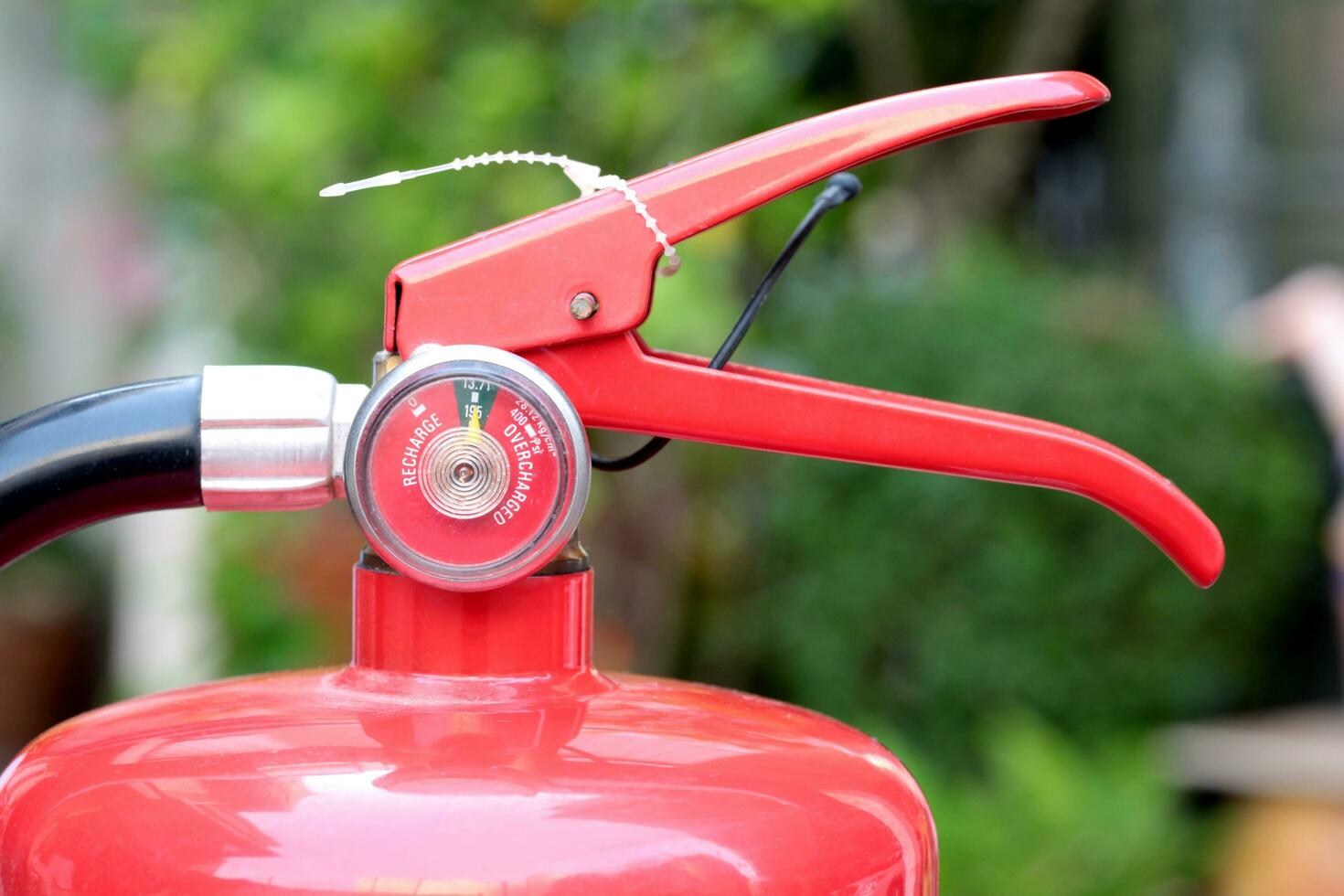 Close- up Fire extinguisher red tank with green background. photo