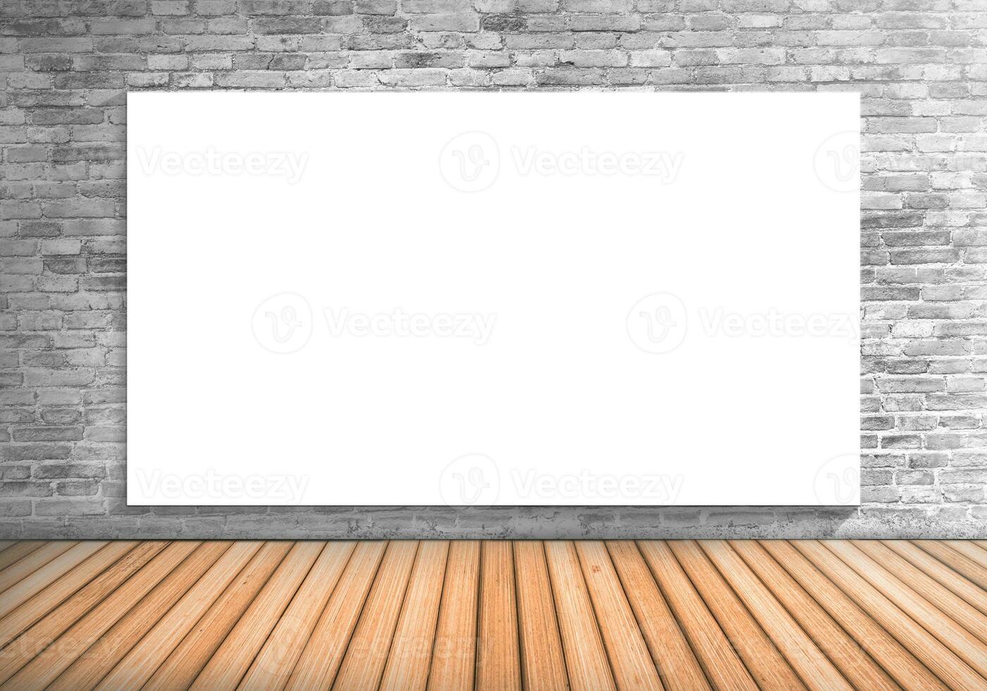 Blank frame large white board on a concrete blick wall and wooden floor photo