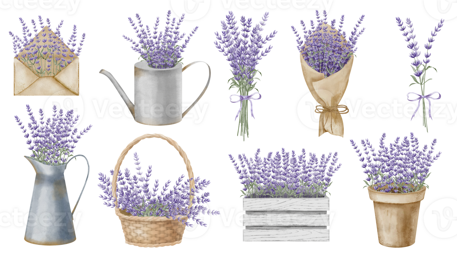 Lavender Flowers set. Hand drawn watercolor illustrations of Provence bouquets on isolated background. Floral bundle with herbs in pot and watering can for wedding invitations or greeting cards. png