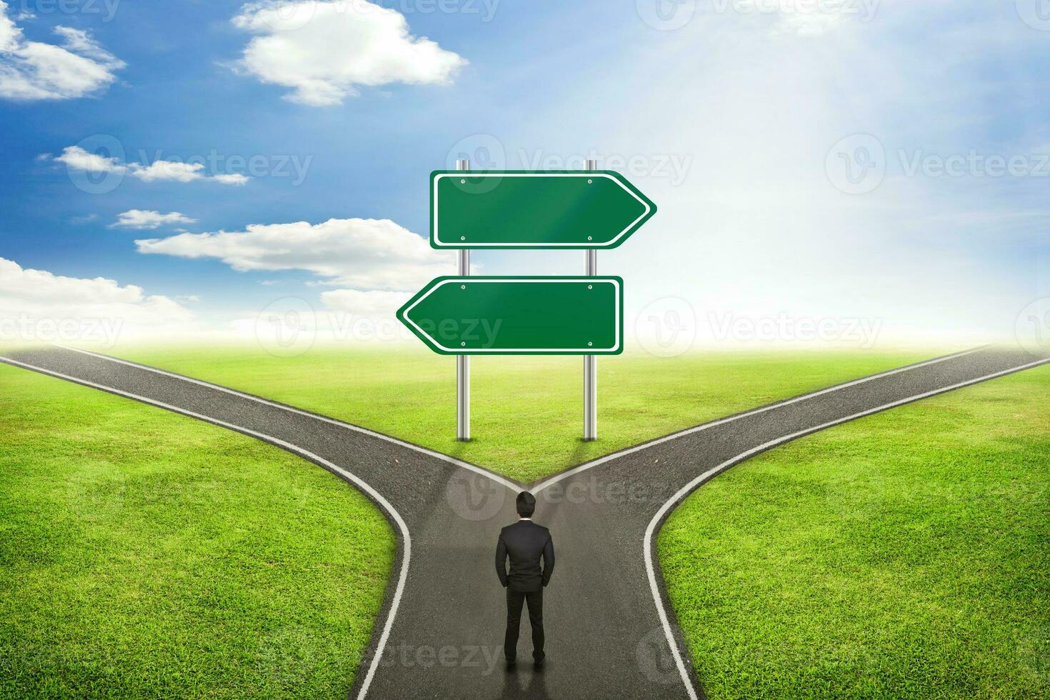 Businessman concept, Blank sign post road to the correct way. photo