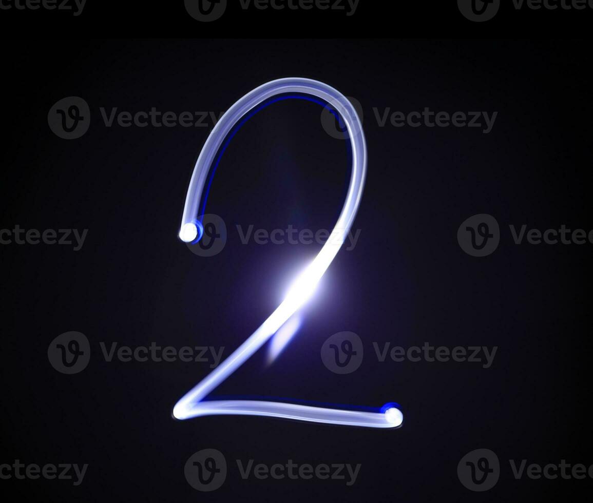 Two 2 blue light digit hand writing over black background. photo