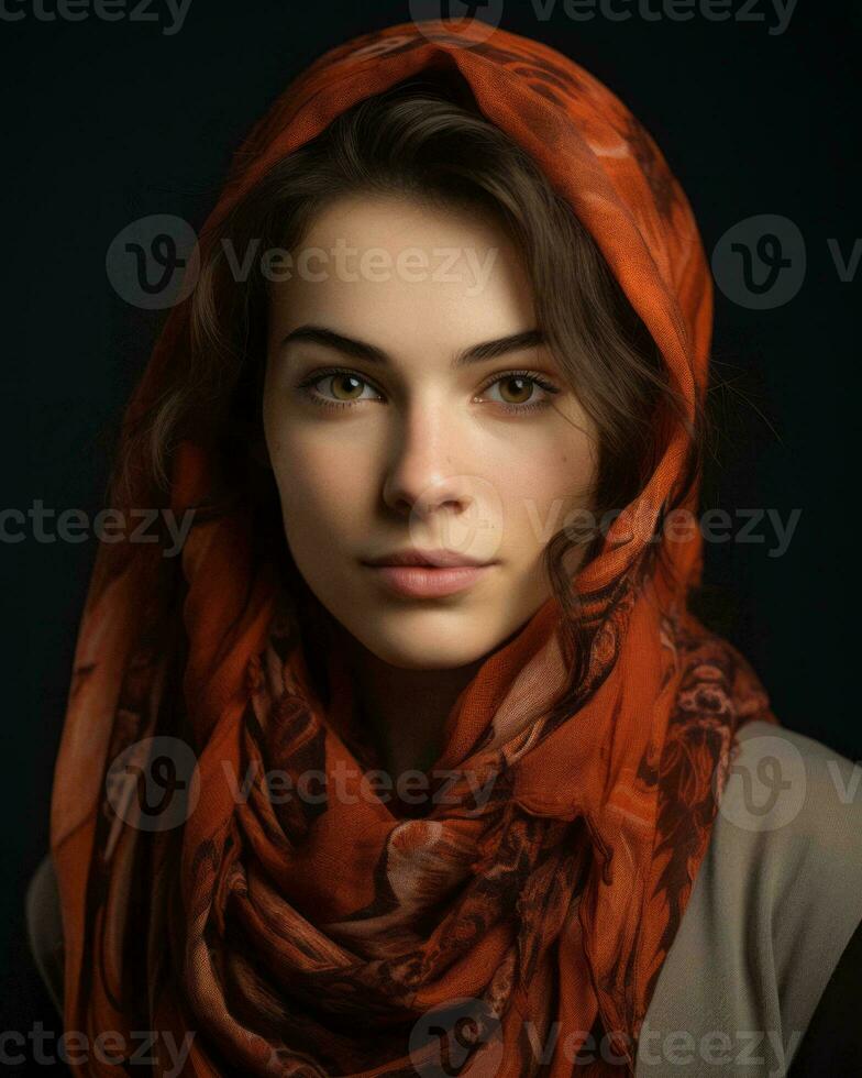 portrait of a beautiful young woman in an orange scarf on a black background generative ai photo