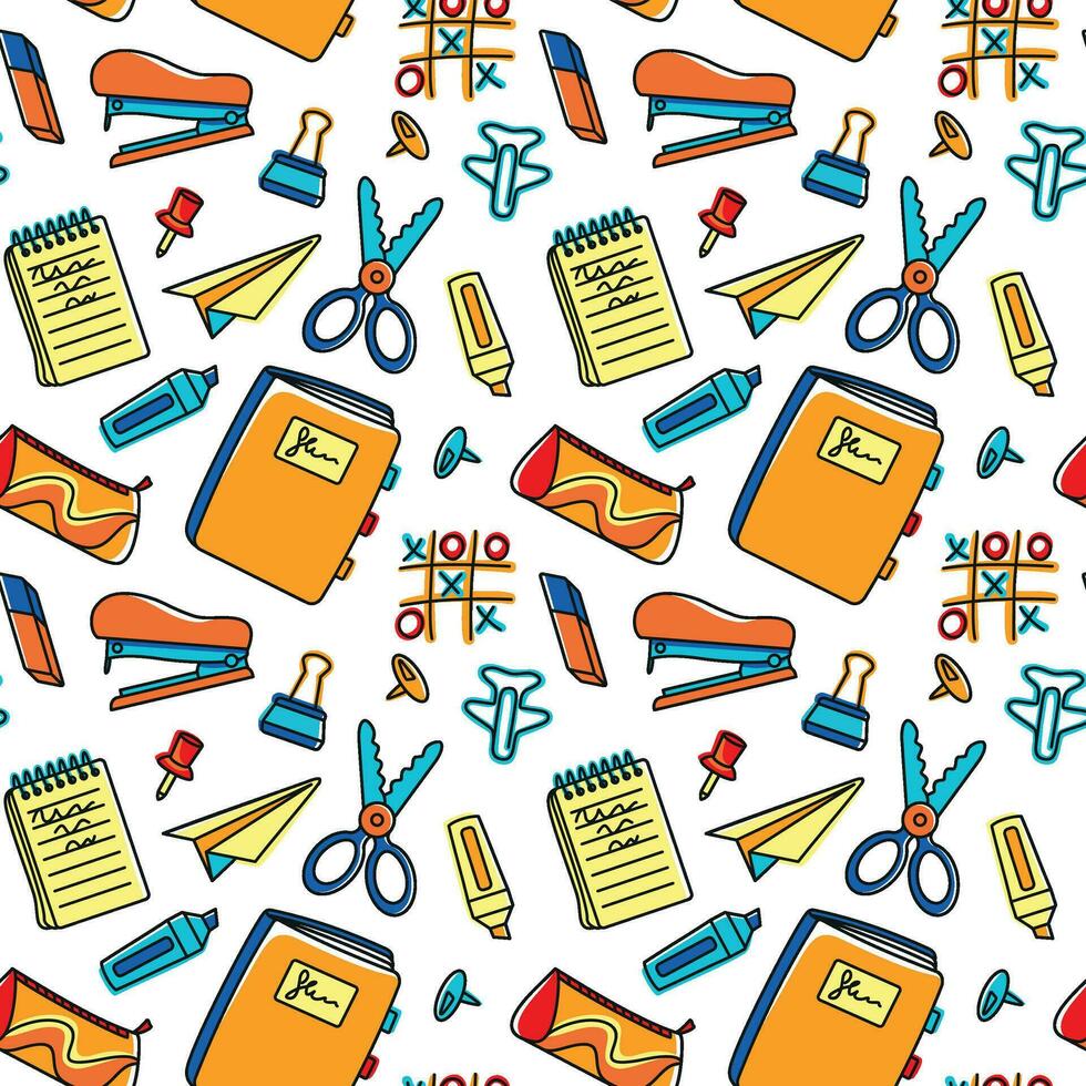 Multicolored school supplies, seamless pattern. Back to school. Vector