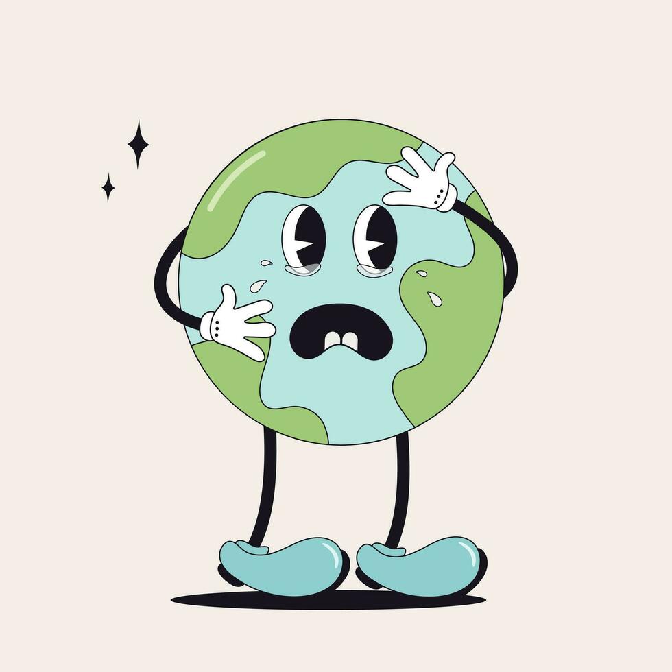 Retro groovy cartoon style earth planet.Earth Day.70s. Save the Earth. Cartoon cute earth planet character. Concept of World Environment Day in retro style. World Environment Day. vector