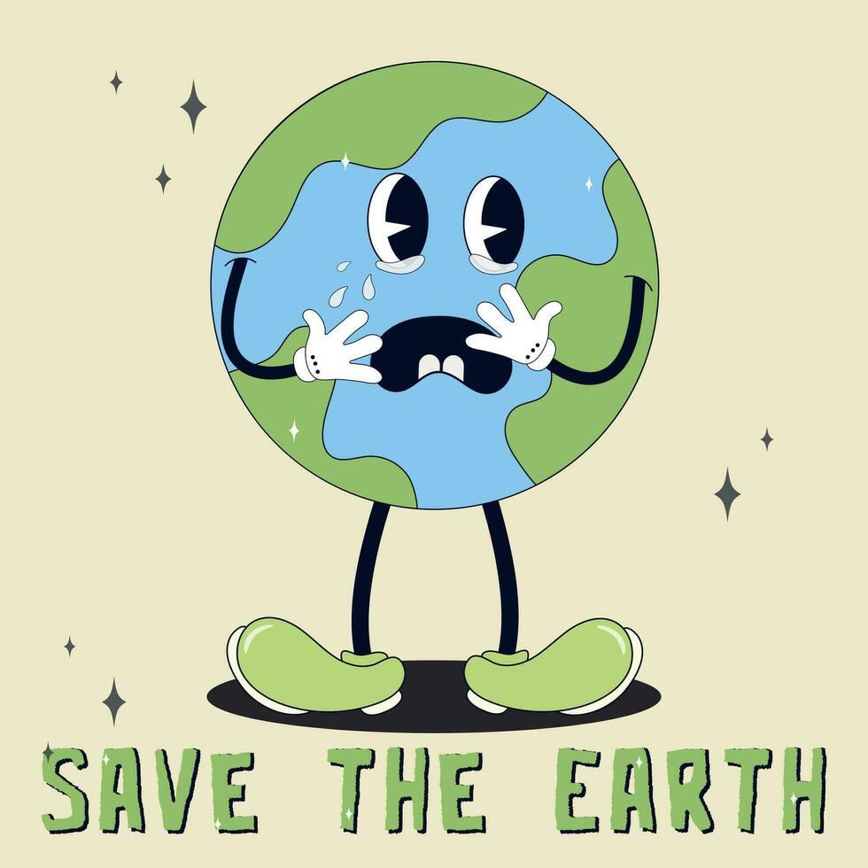 Retro groovy cartoon style earth planet.Earth Day. Cartoon cute earth planet character. Concept of World Environment Day in retro style. World Environment Day. Save the Earth. 70s vector